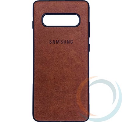 Накладка кожаная с логотипом для Samsung Galaxy S10 Plus коричневая - фото 27825