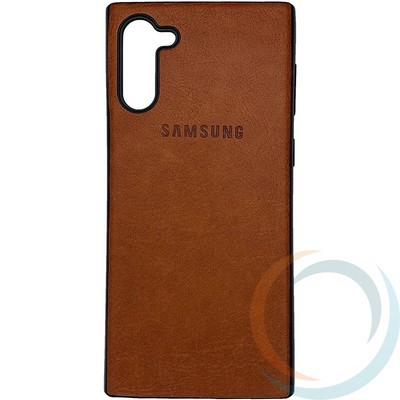 Накладка кожаная с логотипом для Samsung Galaxy Note 10 коричневая - фото 29254