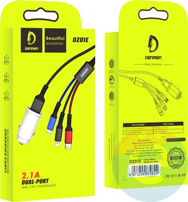 СЗУ Denmen DC01E 2.4A + кабель 3 in 1 Type-C Lightning Micro USB белое - фото 46841