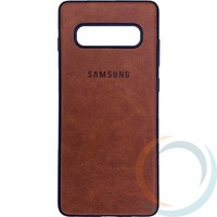 Накладка кожаная с логотипом для Samsung Galaxy S10 Plus коричневая