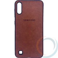 Накладка кожаная с логотипом для Samsung Galaxy A10 коричневая